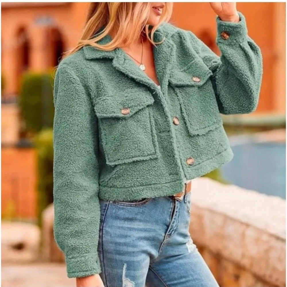 NEW! Pretty Garden Women's Green Cropped Sherpa Jacket Size Medium - Picture 1 of 8